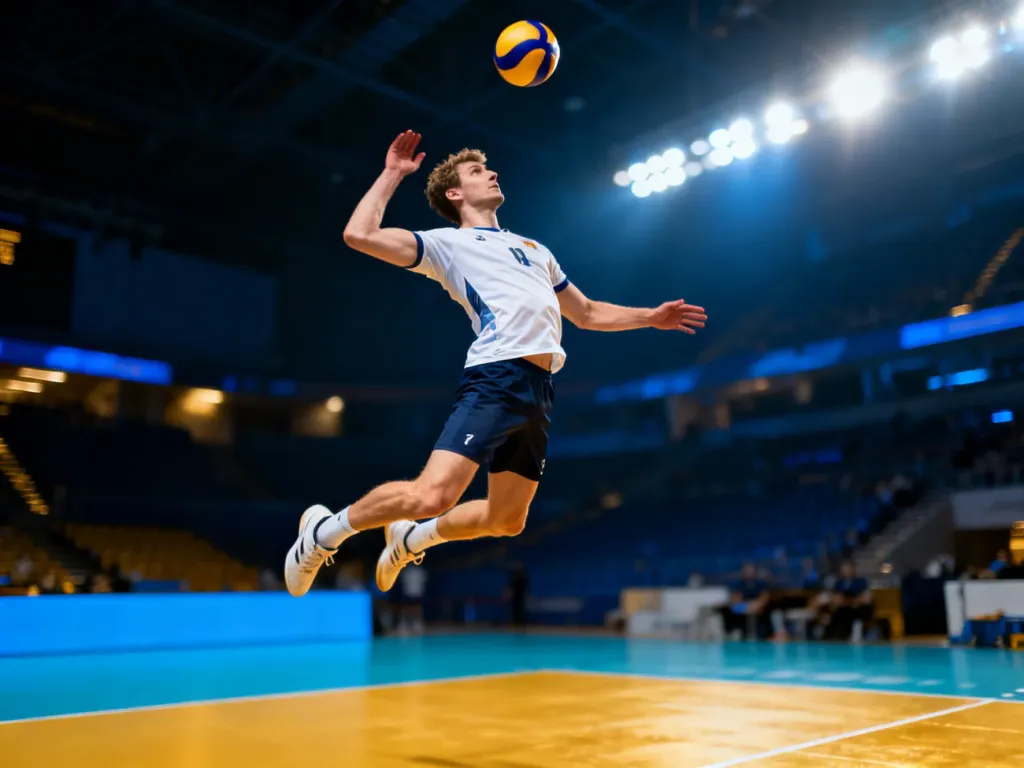 Lucas Saatkamp w trakcie dynamicznego ataku podczas meczu siatkówki na hali sportowej.
