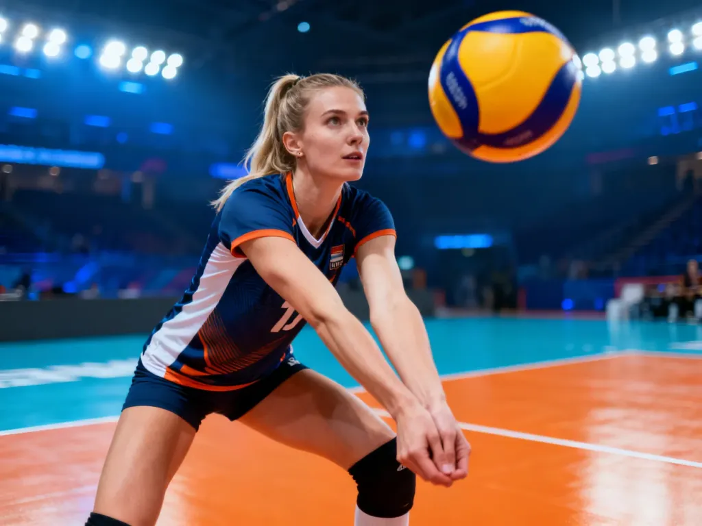 Malwina Smarzek w dynamicznej akcji podczas profesjonalnego meczu siatkówki na hali sportowej.