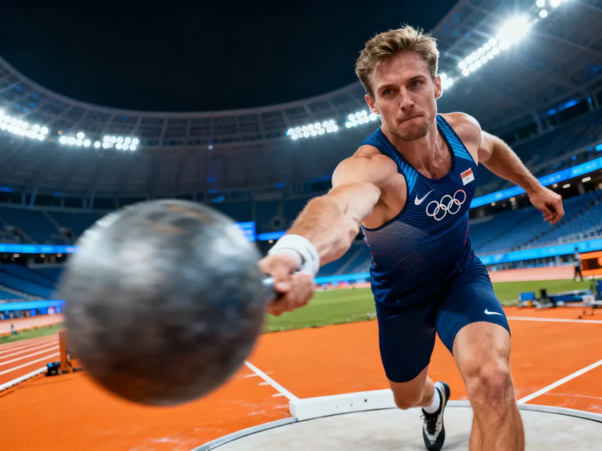 Ethan Katzberg podczas dynamicznego rzutu młotem na stadionie lekkoatletycznym.