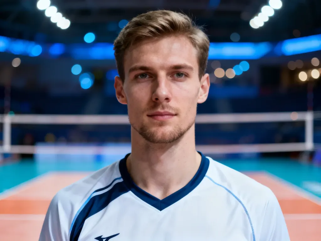 Portret Łukasza Żygadło w stroju sportowym na tle hali siatkarskiej.