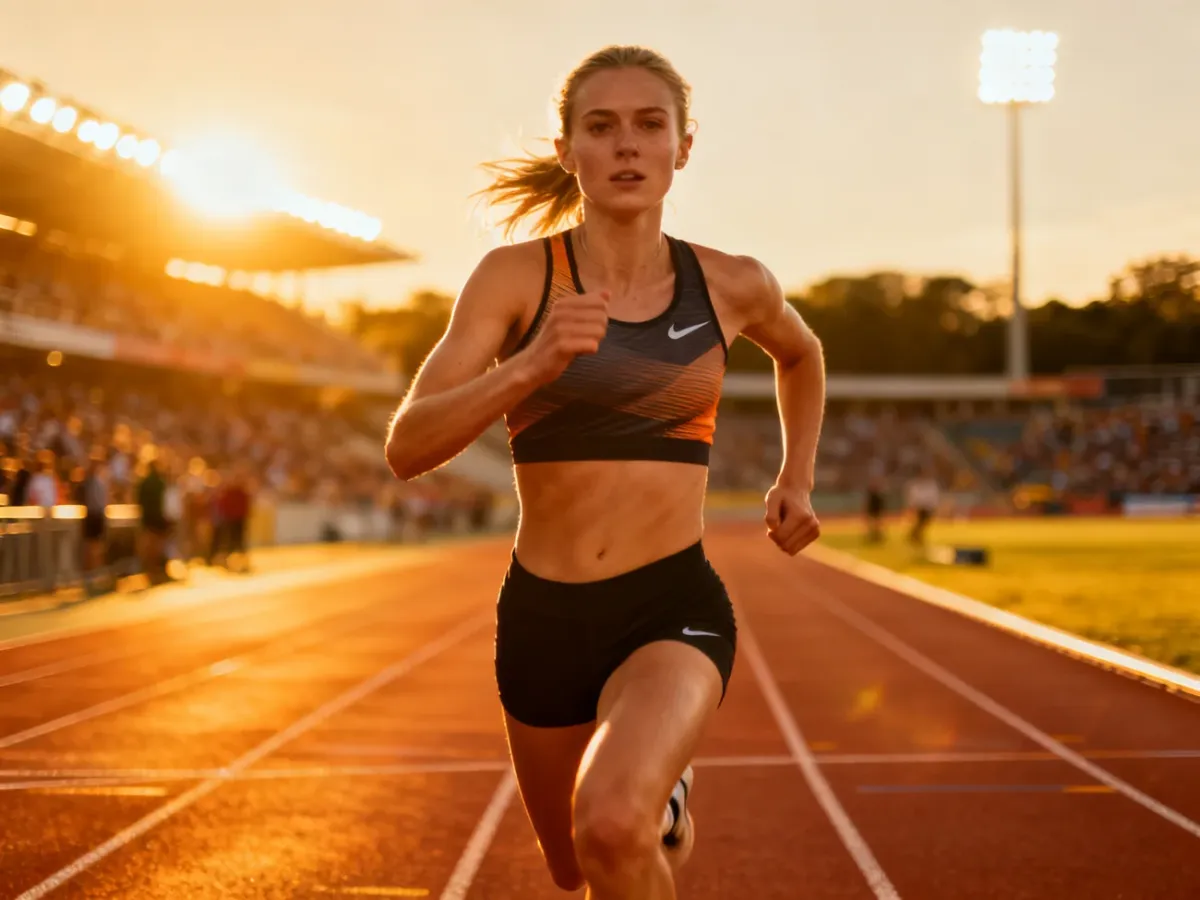 Biegaczka długodystansowa w pełnym sprincie na profesjonalnym stadionie lekkoatletycznym podczas zachodu słońca.