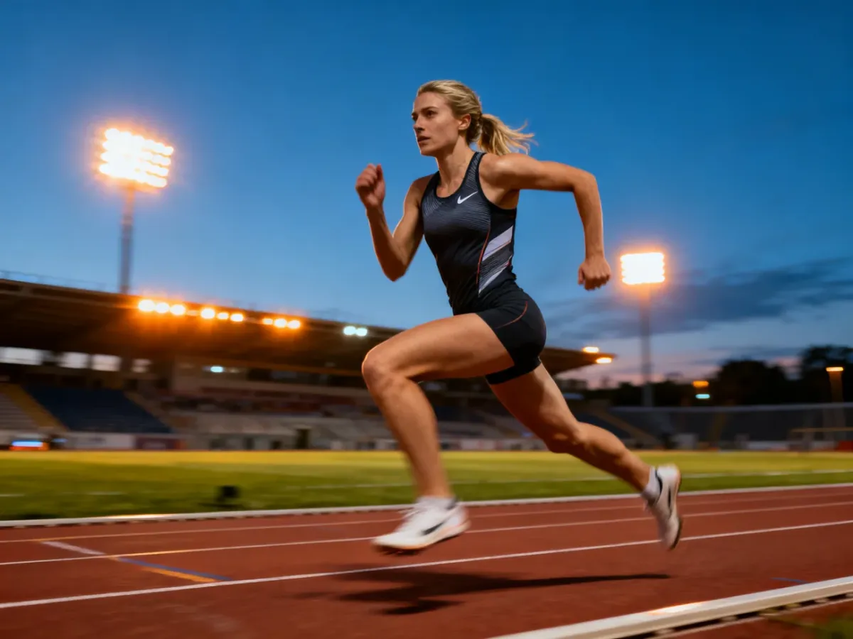 Ditaji Kambundji podczas dynamicznego sprintu na profesjonalnym stadionie lekkoatletycznym.
