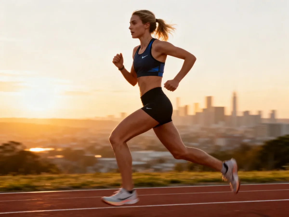 Biegaczka w profesjonalnym stroju sportowym podczas maratonu w promieniach wschodzącego słońca.
