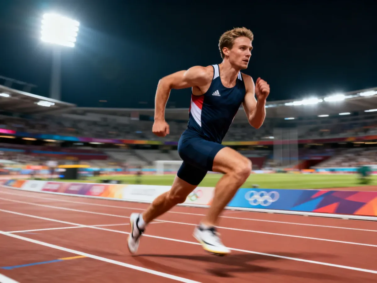 Noah Lyles podczas dynamicznego sprintu na bieżni lekkoatletycznej w pełnym skupieniu.