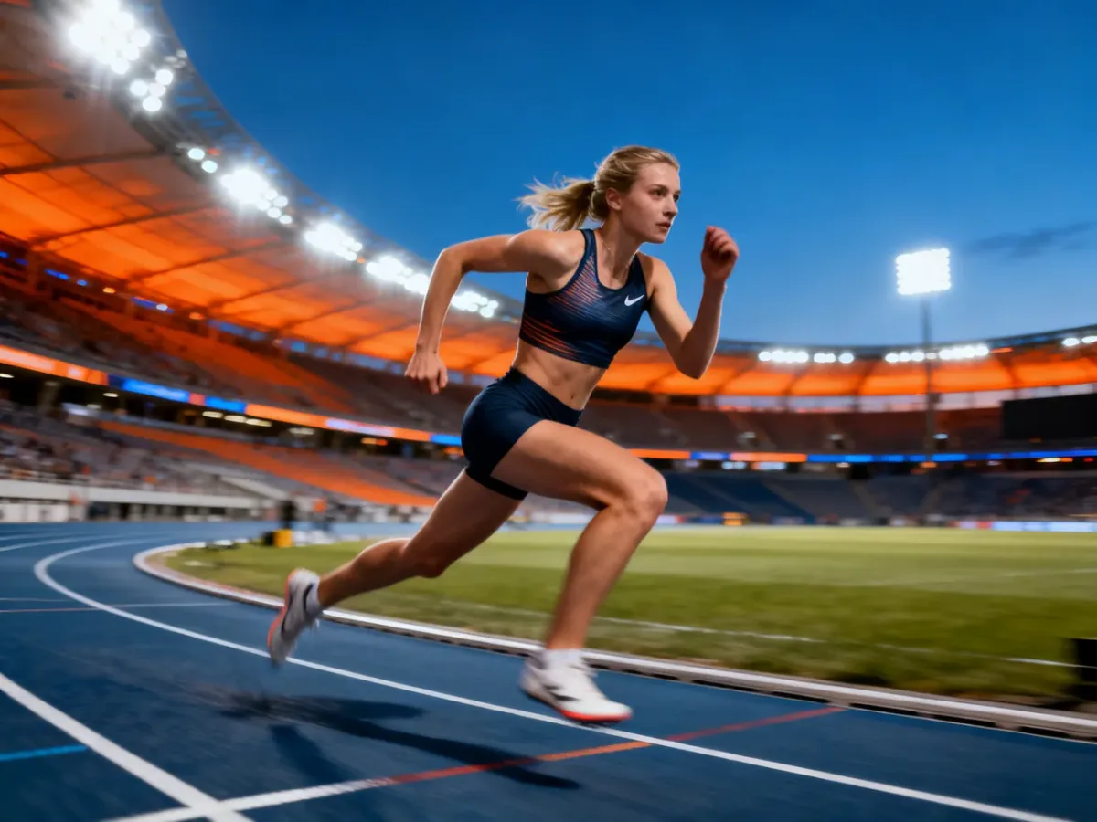 Keely Hodgkinson podczas dynamicznego biegu na stadionie lekkoatletycznym w świetle reflektorów.