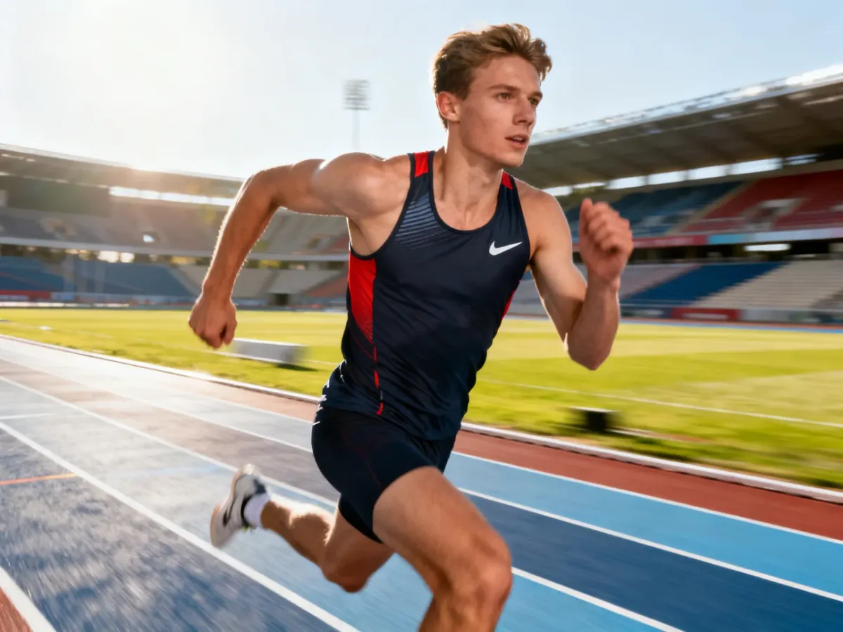Jamal Britt podczas dynamicznego sprintu na bieżni lekkoatletycznej w świetle porannego słońca.