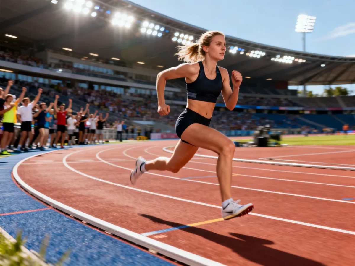 Faith Kipyegon biegnąca po bieżni lekkoatletycznej z pełnym skupieniem na twarzy podczas zawodów.