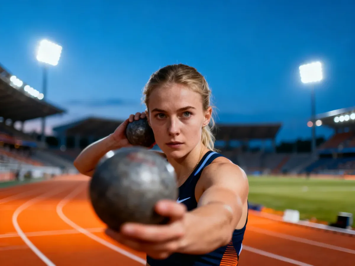 Jessica Schilder przygotowuje się do pchnięcia kulą na stadionie lekkoatletycznym w świetle jupiterów.