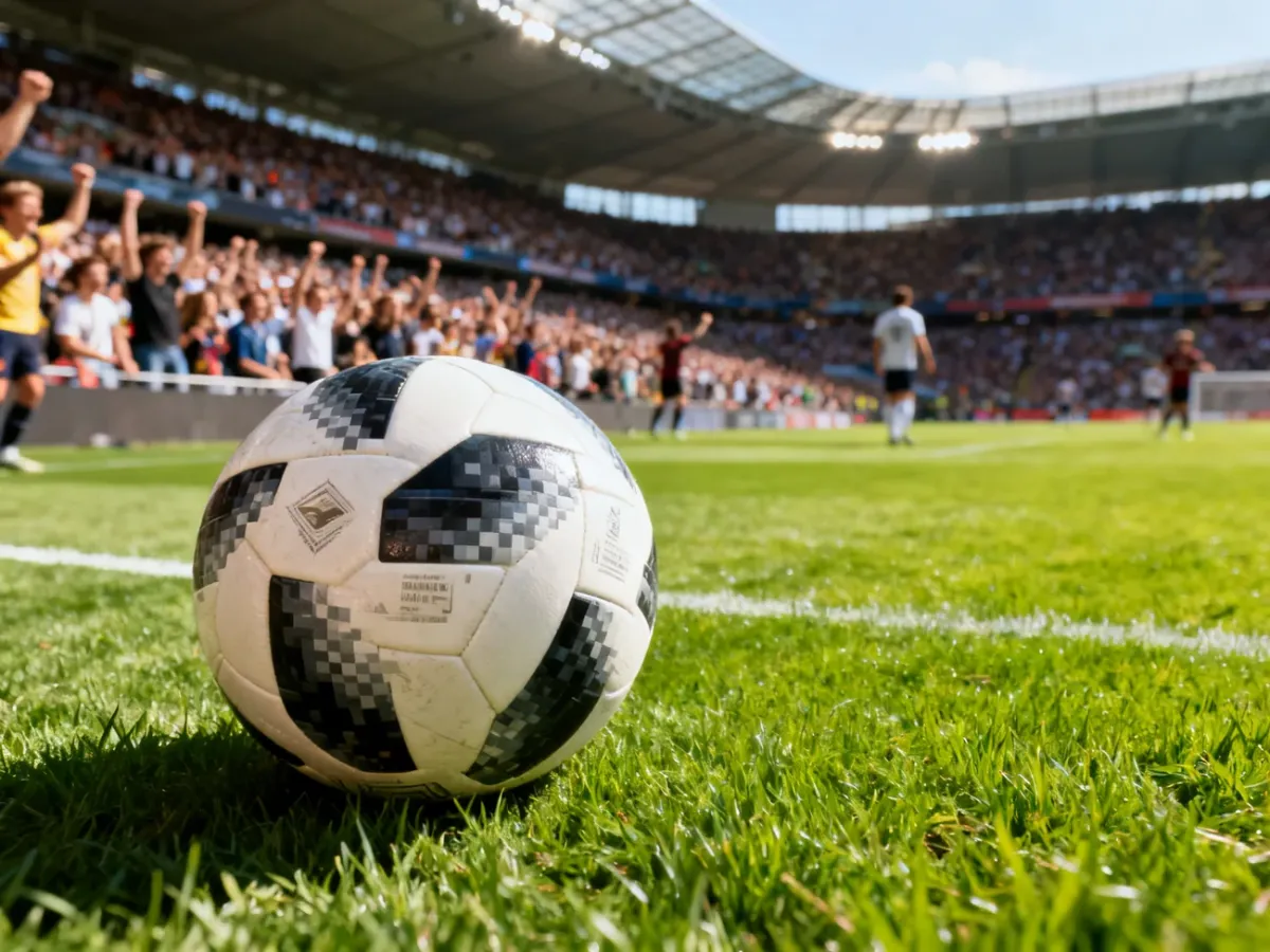 Piłka do gry na murawie stadionu wypełnionego kibicami podczas słonecznego meczu piłkarskiego.