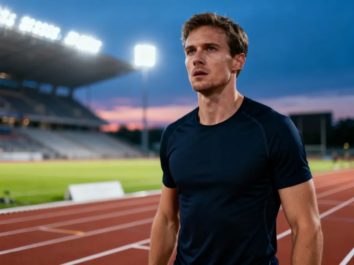 Sportowiec Chase Jackson w pozycji startowej na bieżni lekkoatletycznej w świetle jupiterów.