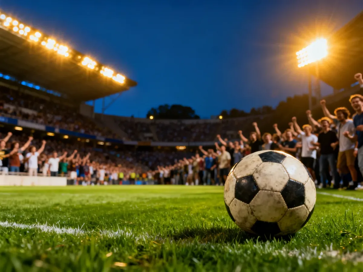 Oświetlona murawa stadionu piłkarskiego z piłką na pierwszym planie i kibicami na trybunach w tle.
