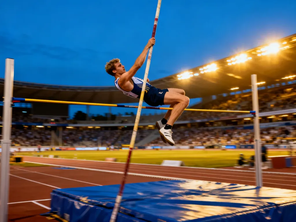 Kurtis Marschall w trakcie dynamicznego skoku o tyczce na stadionie lekkoatletycznym.