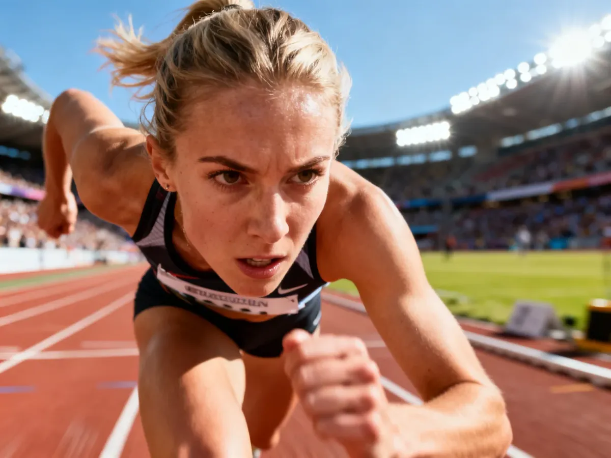Biegaczka w pełnym skupieniu podczas sprintu na profesjonalnej bieżni lekkoatletycznej w słoneczny dzień.