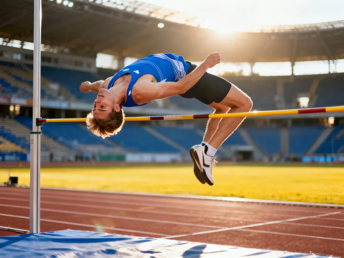 Emmanouil Karalis w trakcie widowiskowego skoku o tyczce na stadionie lekkoatletycznym.