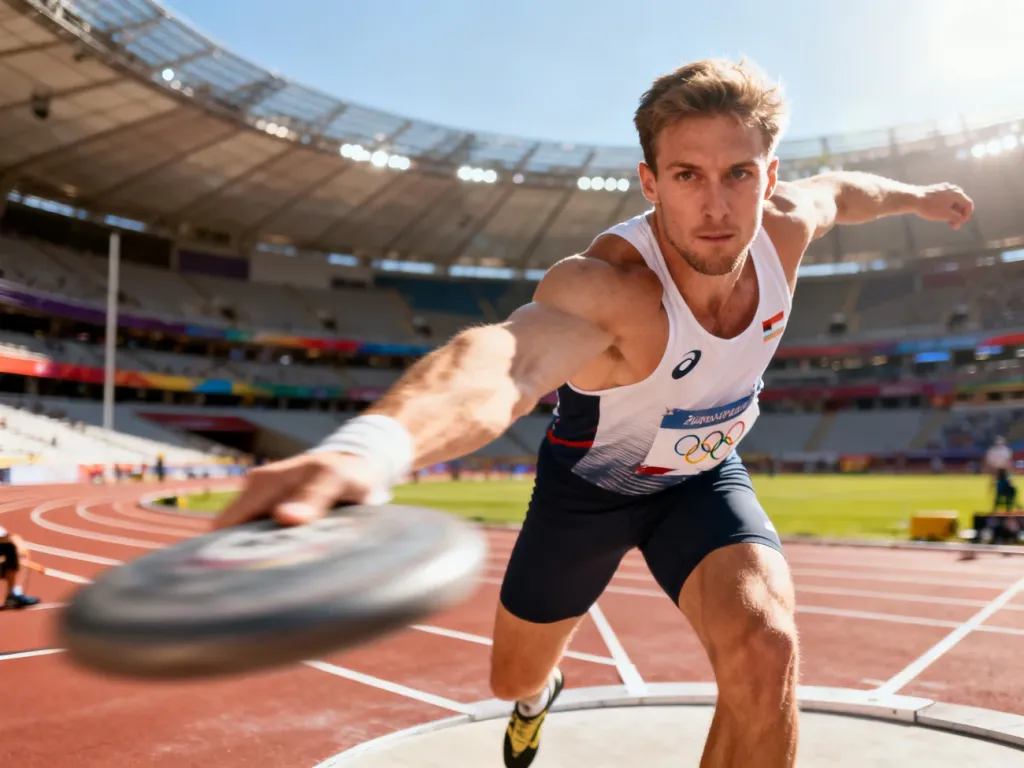 Kristjan Čeh wykonujący rzut dyskiem na stadionie olimpijskim w pełnym słońcu.