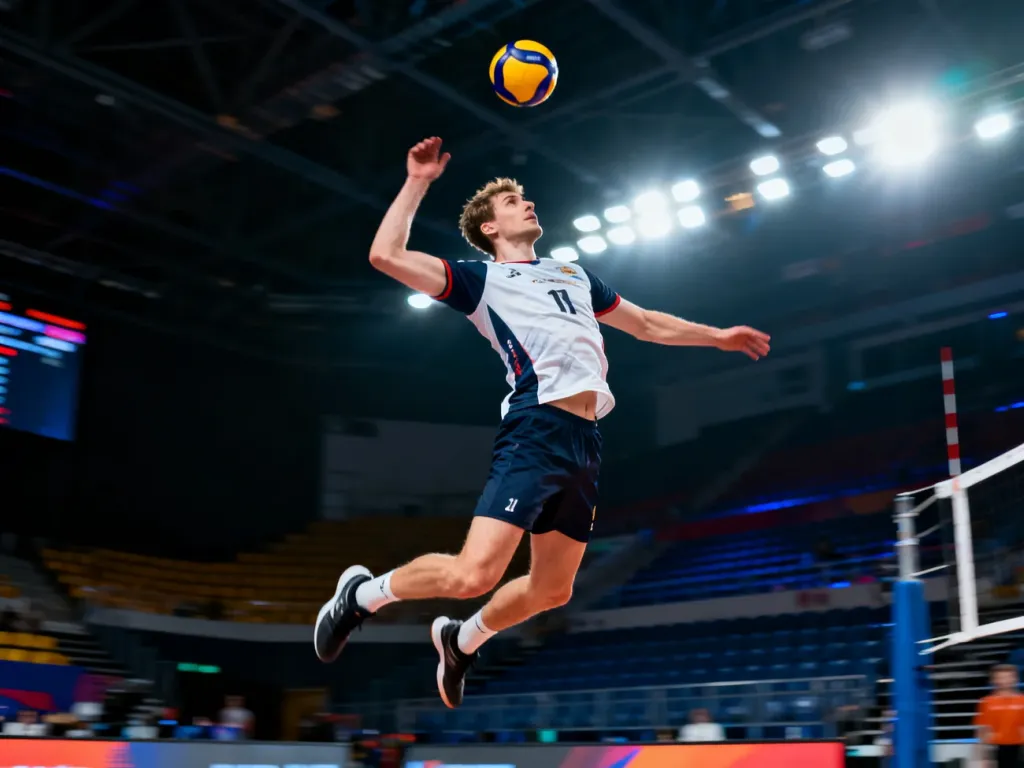 Mariusz Wlazły wykonujący dynamiczny atak podczas meczu siatkówki w hali sportowej.