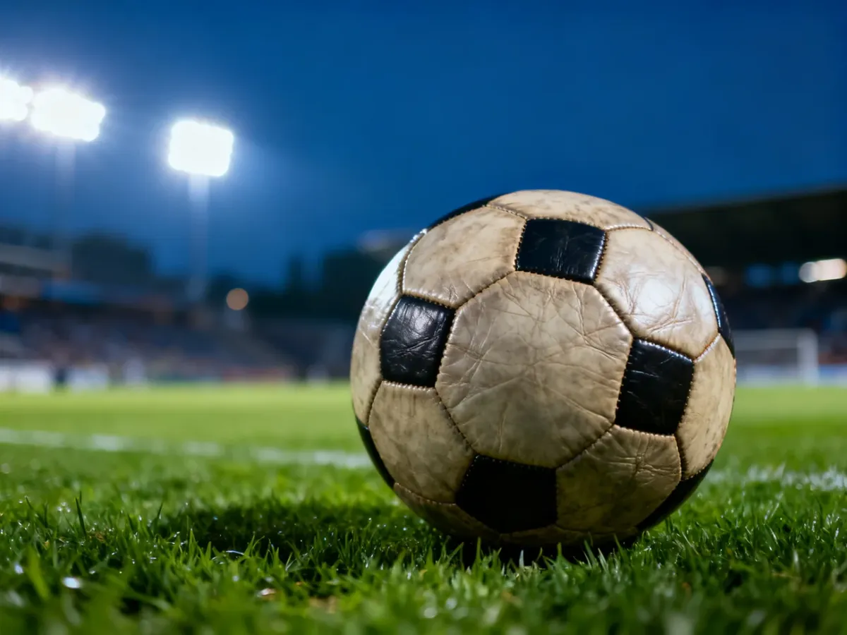 Skórzana piłka do futbolu na murawie stadionu w świetle jupiterów przed losowaniem Ligi Europy.