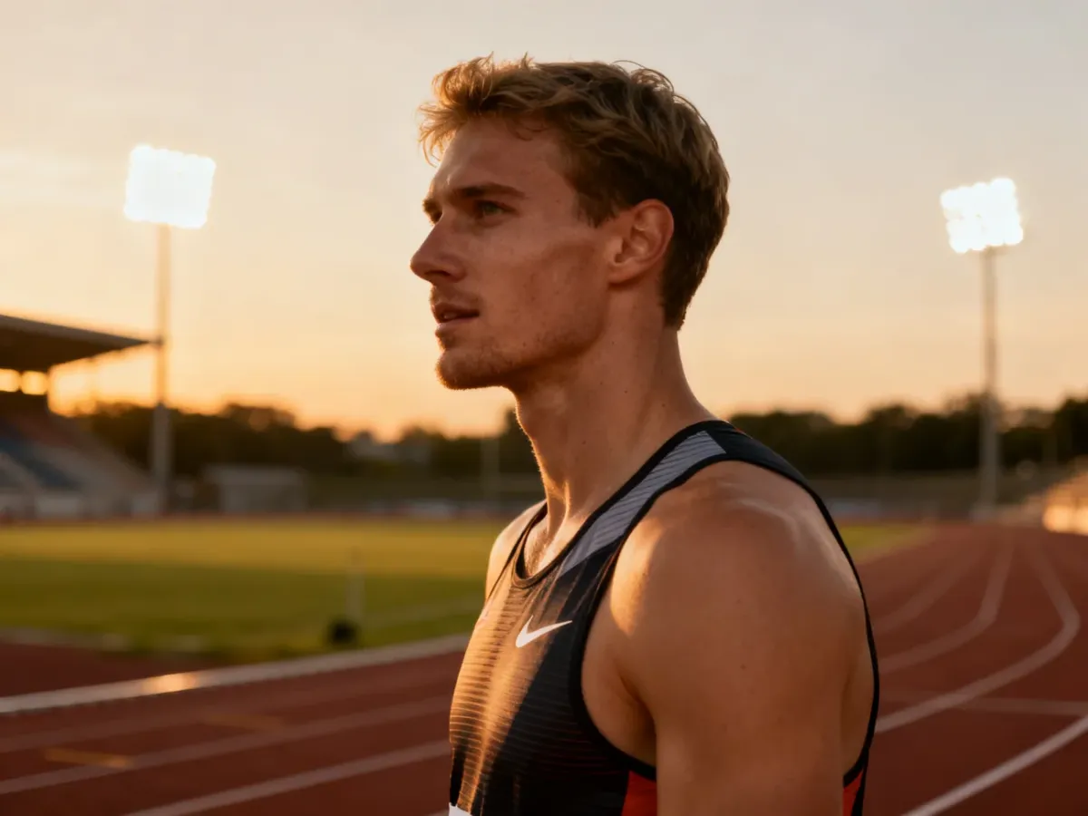 Profesjonalny portret sportowca Cordella Tincha na tle bieżni lekkoatletycznej o zachodzie słońca.