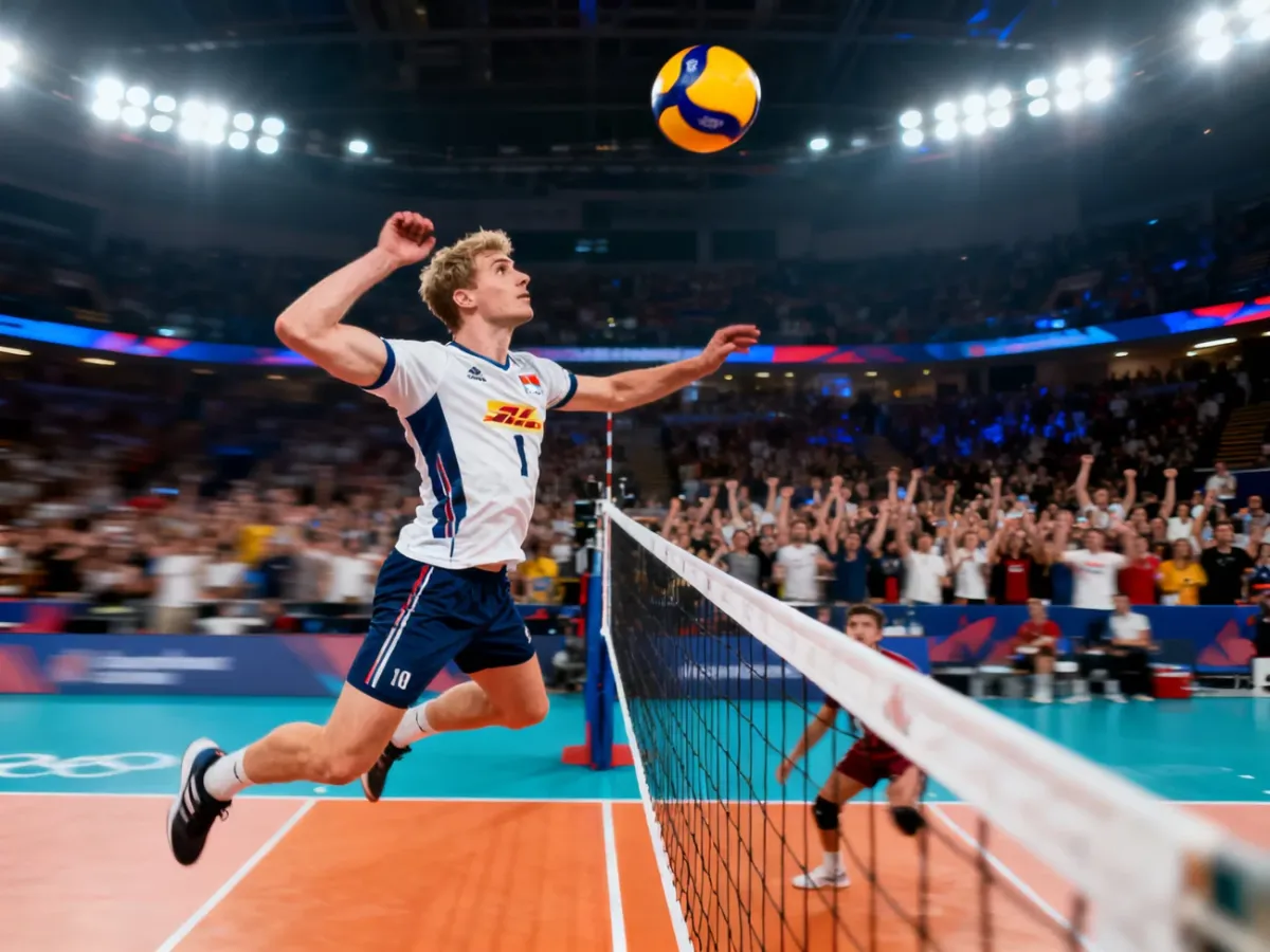 Słoweński siatkarz wykonujący dynamiczny atak nad siatką podczas emocjonującego meczu w hali sportowej.
