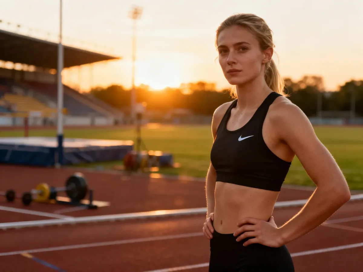 Camryn Rogers w pełnym skupieniu na bieżni lekkoatletycznej podczas zachodu słońca.
