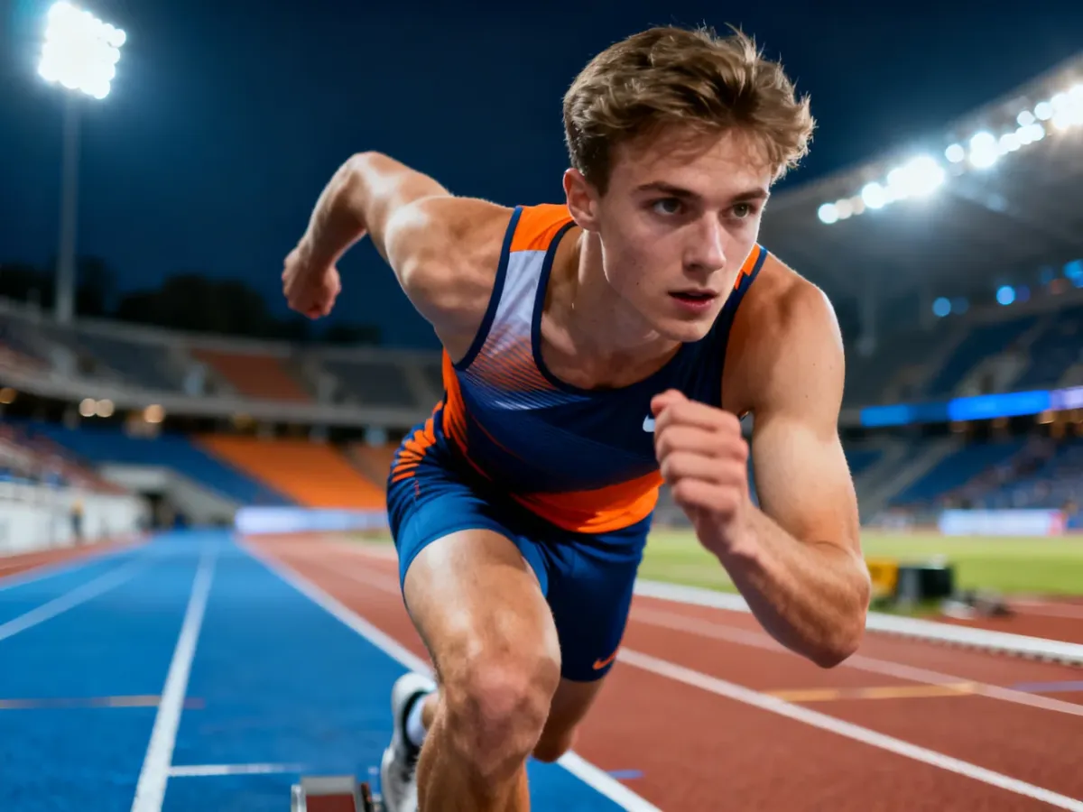 Jacory Patterson w dynamicznej pozie sprinterskiej na profesjonalnej bieżni lekkoatletycznej.