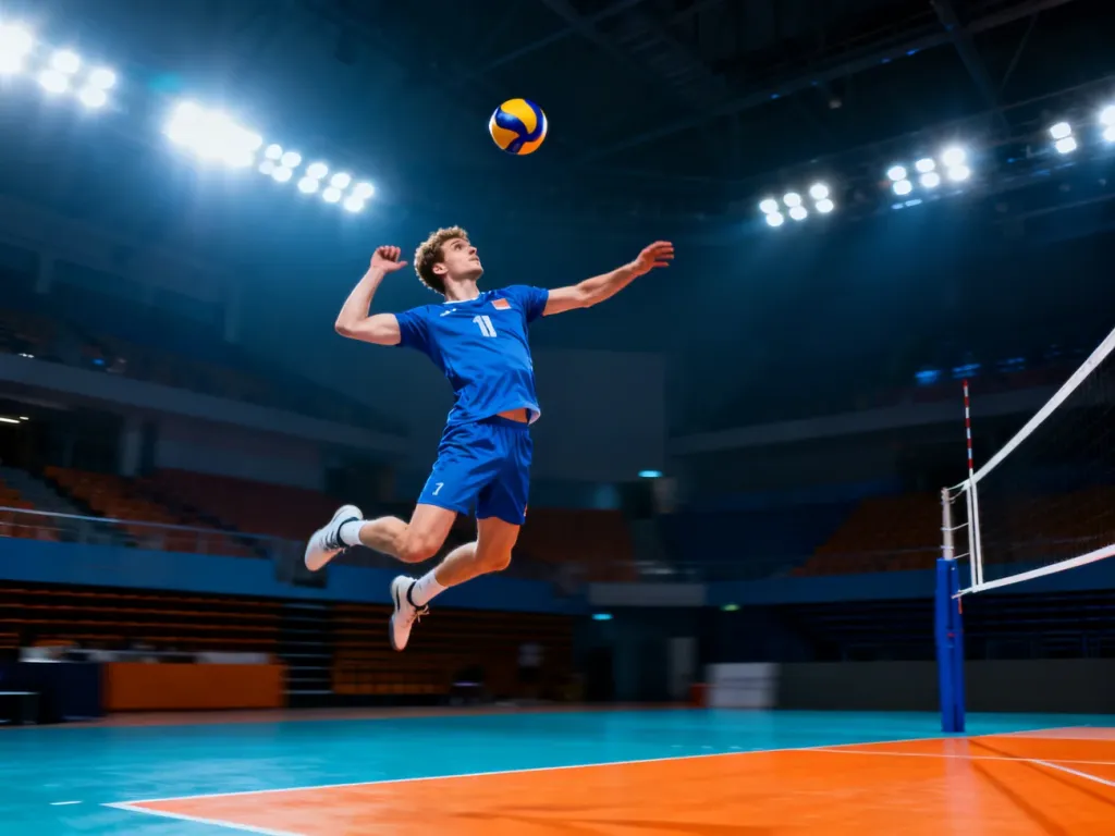 Erik Shoji w dynamicznym wyskoku podczas ataku na siatkówce w hali sportowej.