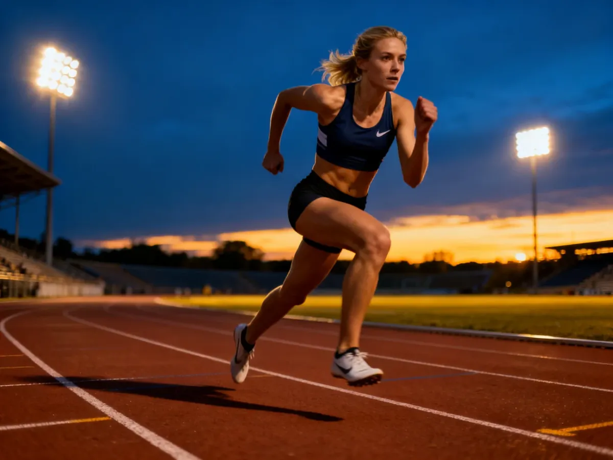 Marileidy Paulino w pełnym skupieniu podczas dynamicznego sprintu na profesjonalnym stadionie lekkoatletycznym.