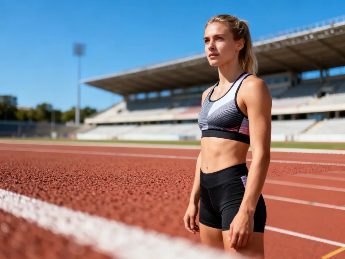 Skupiona Anna Hall w stroju sportowym na bieżni lekkoatletycznej w słoneczny dzień.
