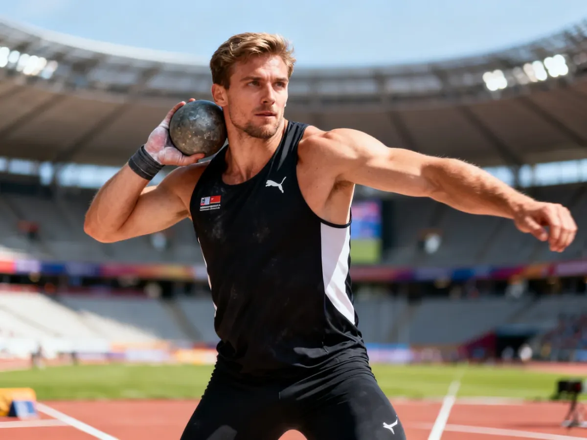 Joe Kovacs w trakcie dynamicznego pchnięcia kulą na stadionie lekkoatletycznym.