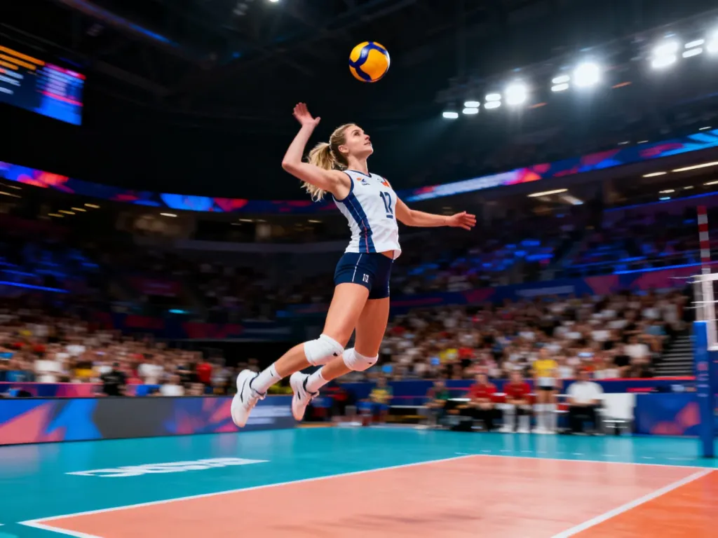 Natalia Mędrzyk w wyskoku podczas ataku na siatkówce, skupiona na grze w trakcie meczu w hali sportowej.