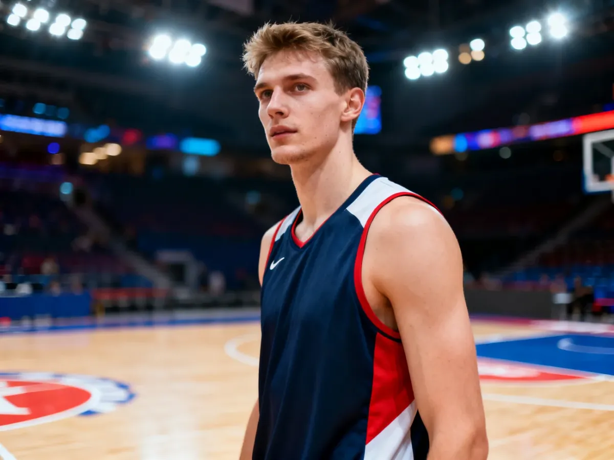 Młody, wysoki koszykarz w stroju sportowym pozujący na tle hali sportowej.