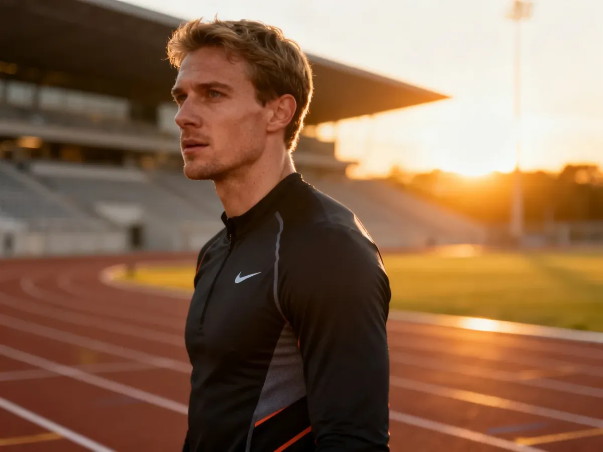 Sportowiec Ezekiel Nathaniel w stroju sportowym na bieżni lekkoatletycznej w blasku zachodzącego słońca.
