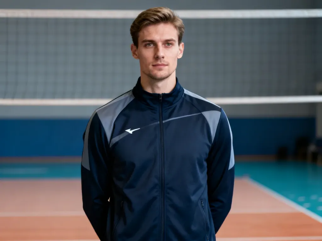 Portret Marcina Komendy w stroju sportowym na tle hali siatkarskiej.