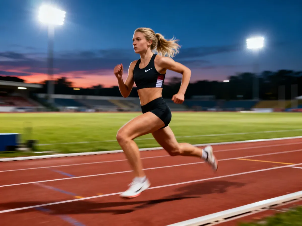 Femke Bol biegnąca po profesjonalnej bieżni lekkoatletycznej podczas zawodów w wieczornej scenerii stadionu.