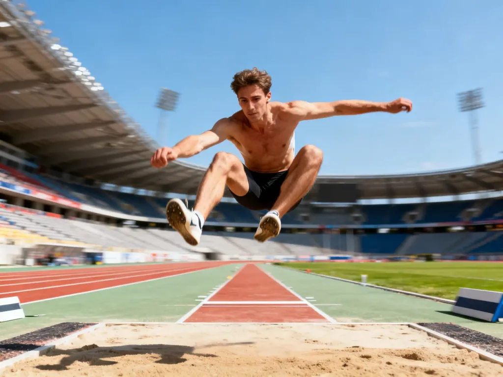 Leo Neugebauer wykonujący dynamiczny skok w dal na profesjonalnym stadionie lekkoatletycznym.