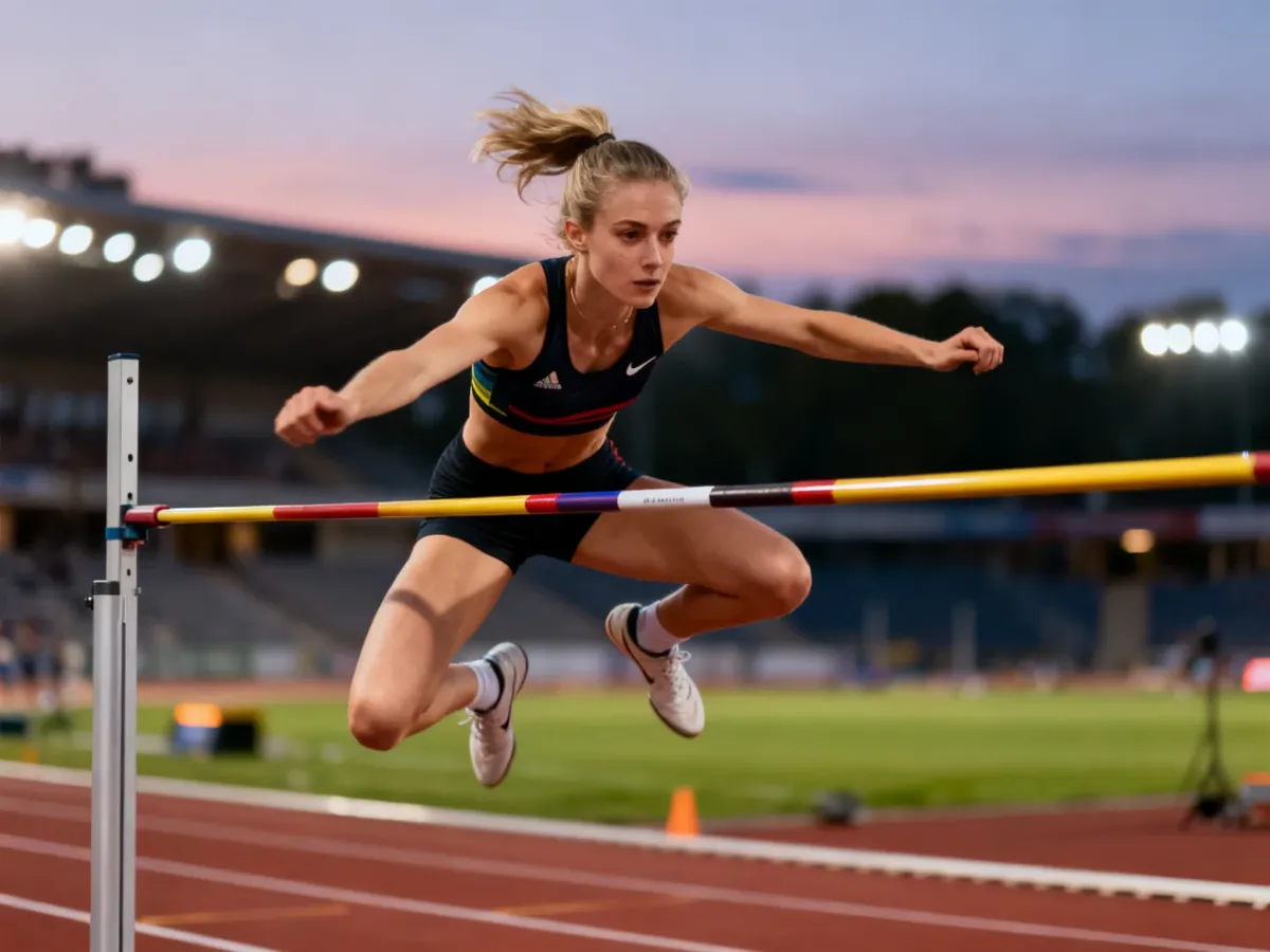 Nicola Olyslagers w trakcie profesjonalnego skoku wzwyż na stadionie lekkoatletycznym.