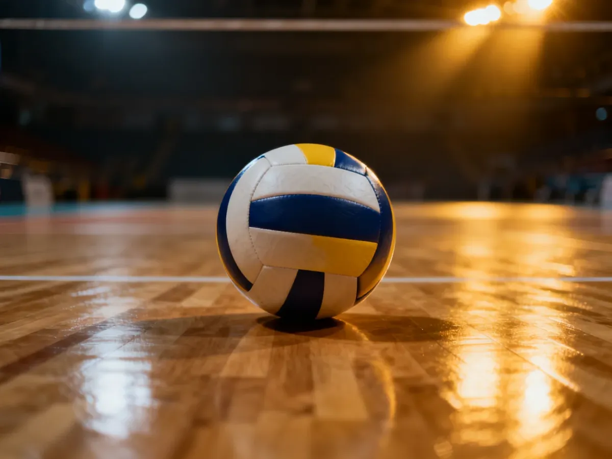 Piłka do siatkówki spoczywająca na parkiecie w oświetlonej hali sportowej.