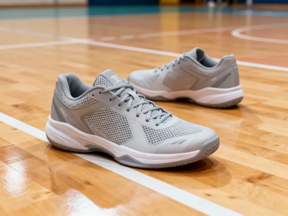 Buty do siatkówki na drewnianym parkiecie hali sportowej