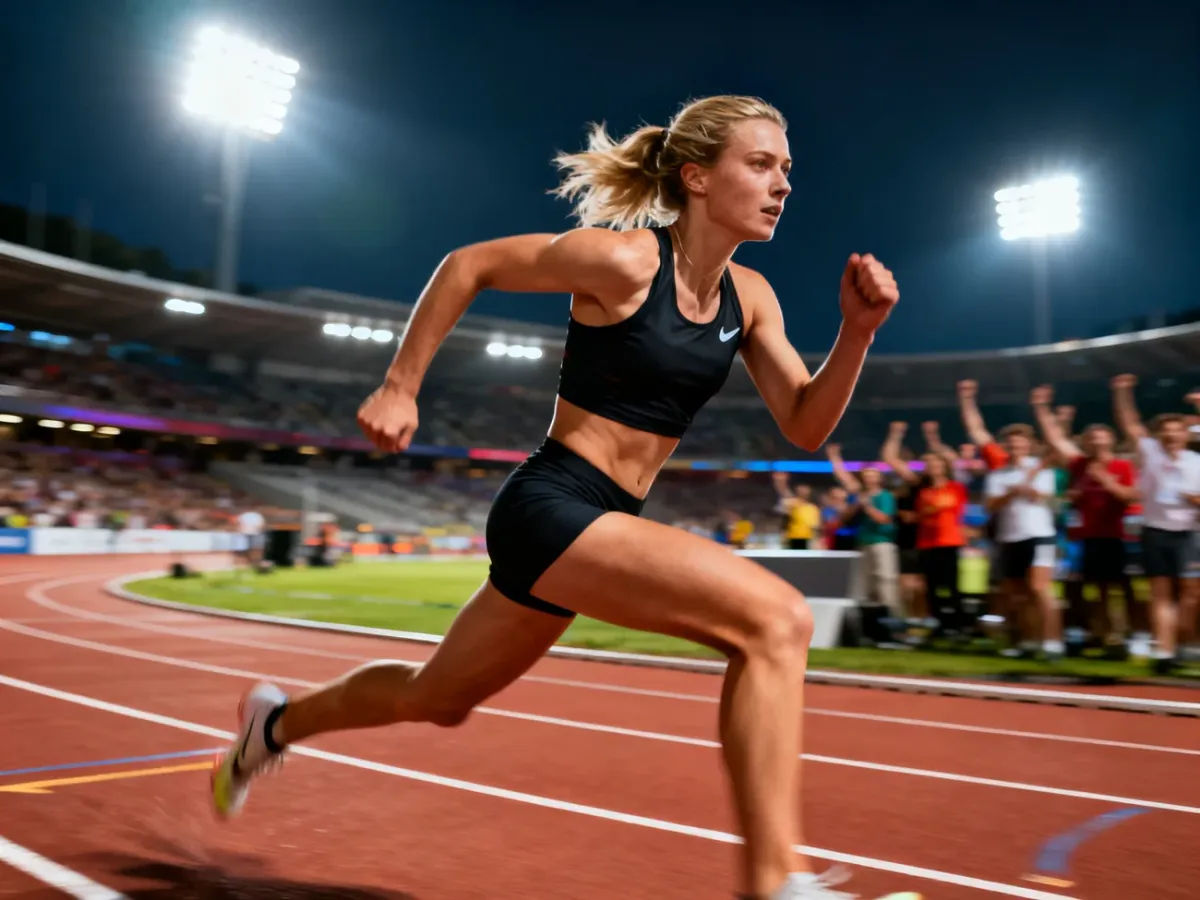 Jessica Hull biegnąca po profesjonalnej bieżni lekkoatletycznej podczas zawodów na stadionie.