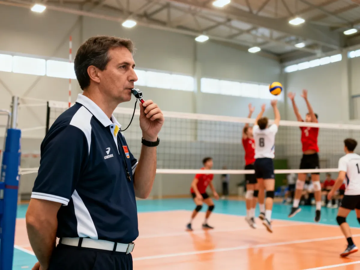 Sędzia siatkarski prowadzący mecz w hali sportowej