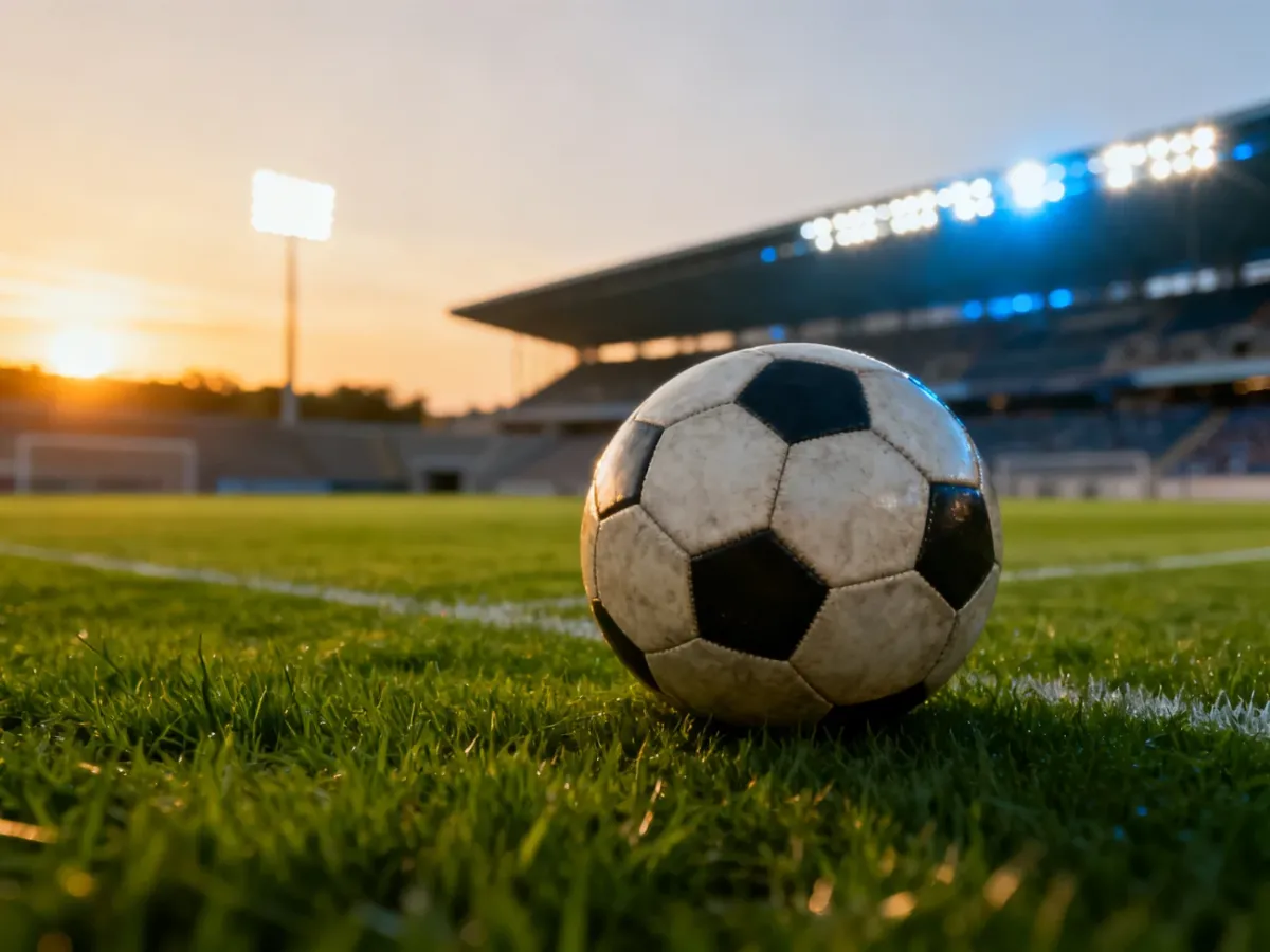 Skórzana piłka na murawie profesjonalnego stadionu o zachodzie słońca, symbolizująca przygotowanie do treningu piłkarskiego.