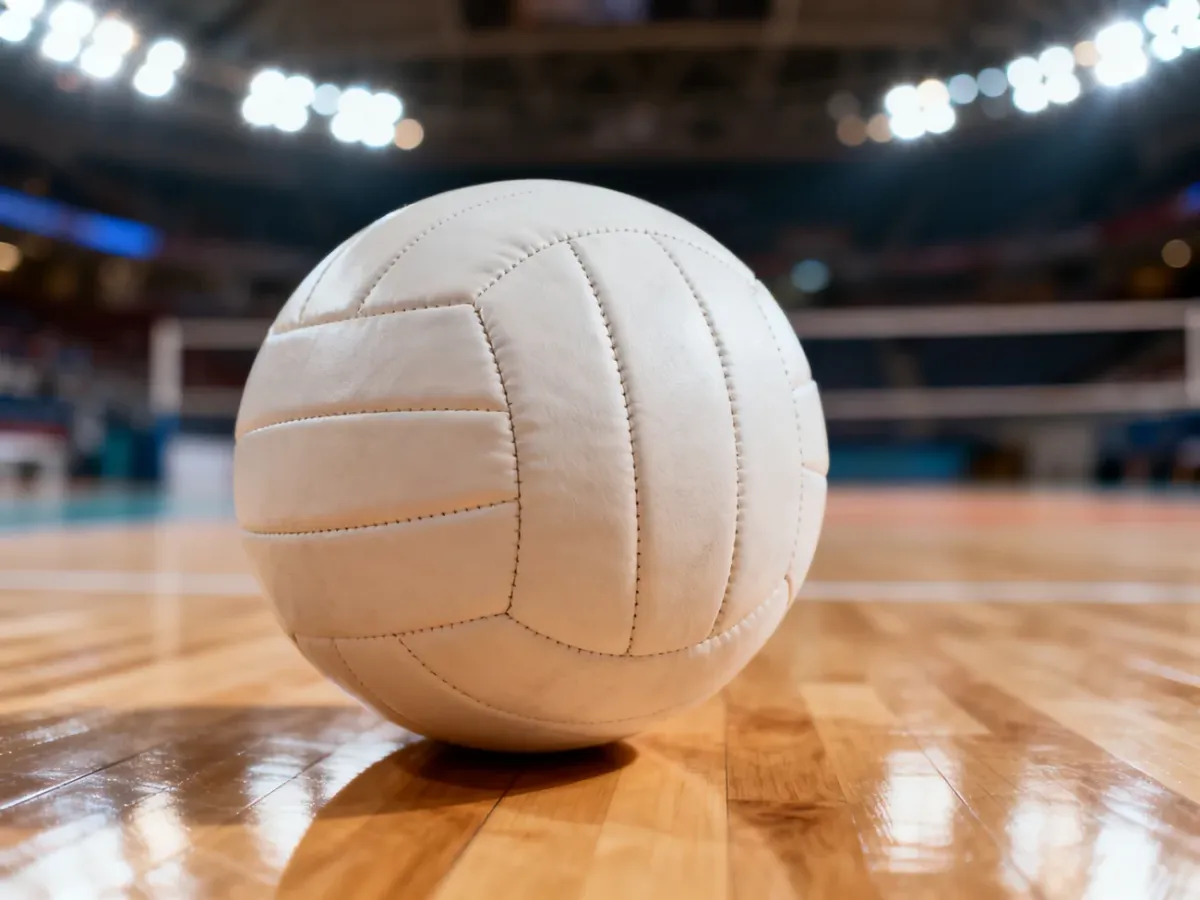 Piłka do siatkówki leżąca na drewnianym parkiecie hali sportowej w profesjonalnym oświetleniu.