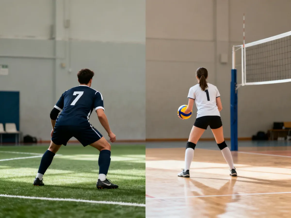 Dwóch sportowców uprawiających piłkę nożną i siatkówkę, pokazanych z zachowaniem prywatności