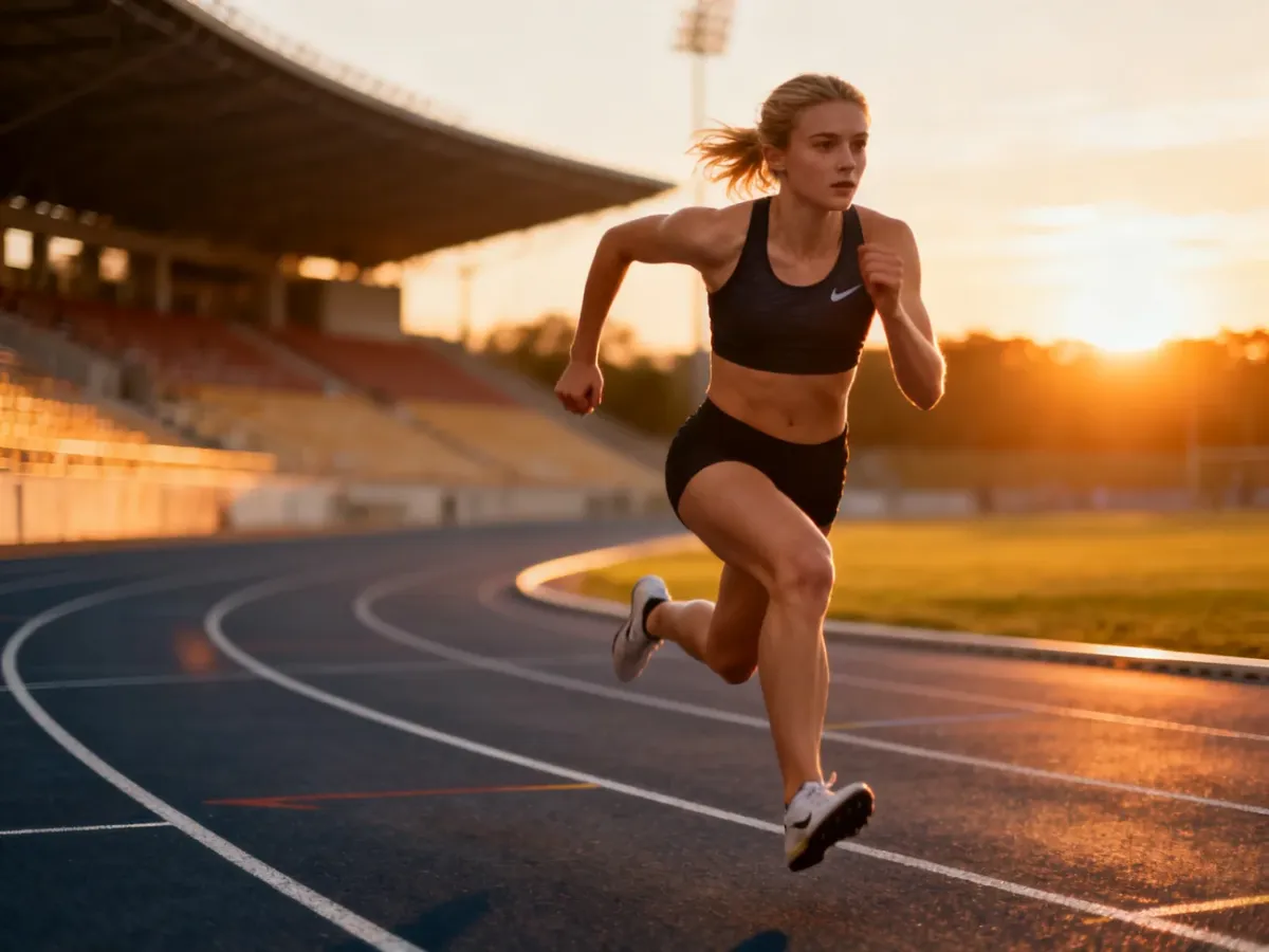 Lekkoatletka Emma Zapletalová w dynamicznym biegu na stadionie podczas zachodu słońca.