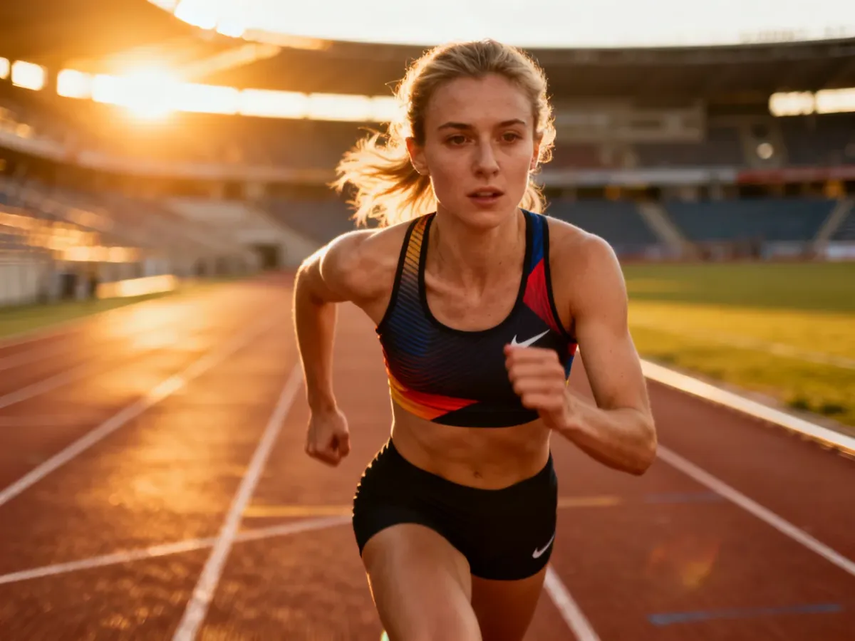 Marwa Bouzayani biegnąca po bieżni lekkoatletycznej w świetle zachodzącego słońca.