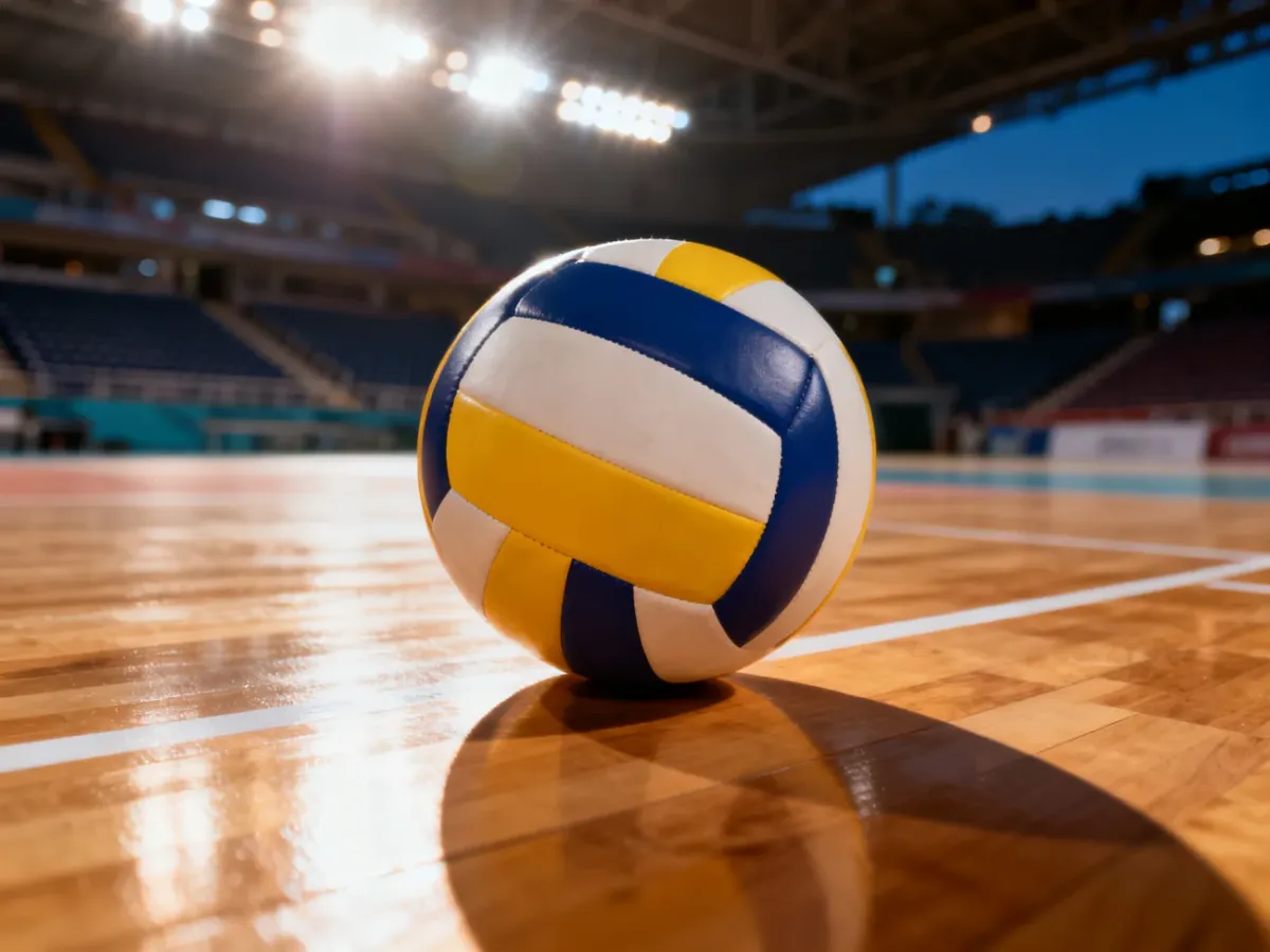 Profesjonalna piłka do siatkówki leżąca na parkiecie w oświetlonej hali sportowej.