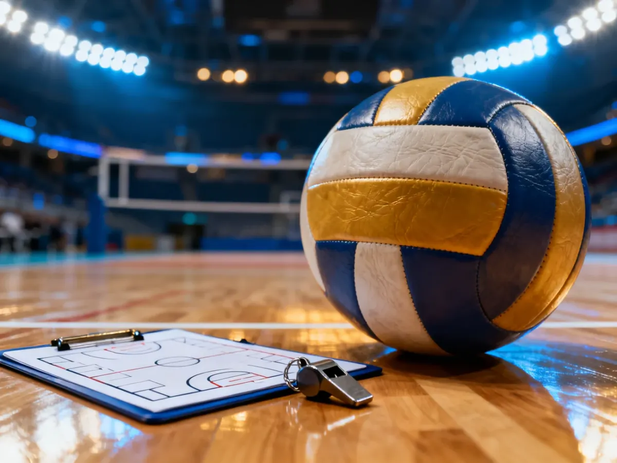 Piłka do siatkówki, gwizdek i tablica taktyczna na parkiecie hali sportowej, symbolizujące pracę trenera siatkówki.