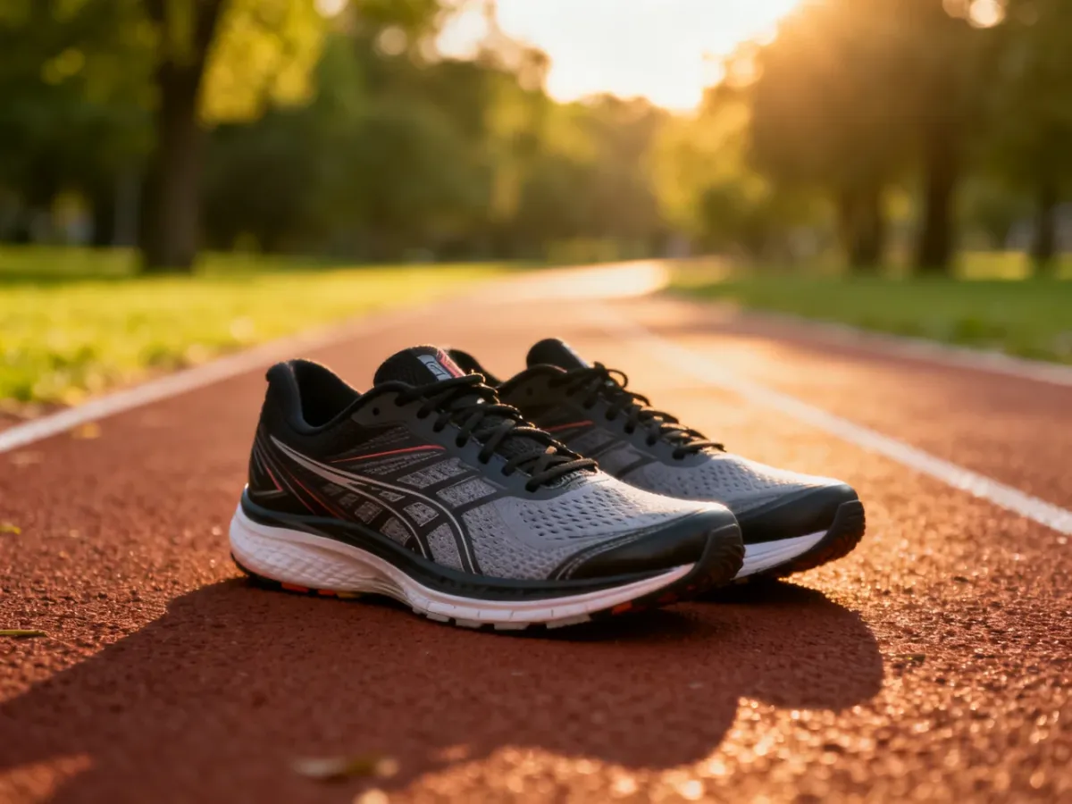 Profesjonalne buty do biegania na bieżni lekkoatletycznej w blasku zachodzącego słońca.