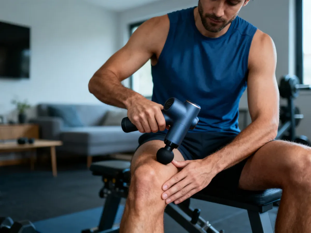 Sportowiec delikatnie używający pistoletu do masażu na mięśniu uda po treningu