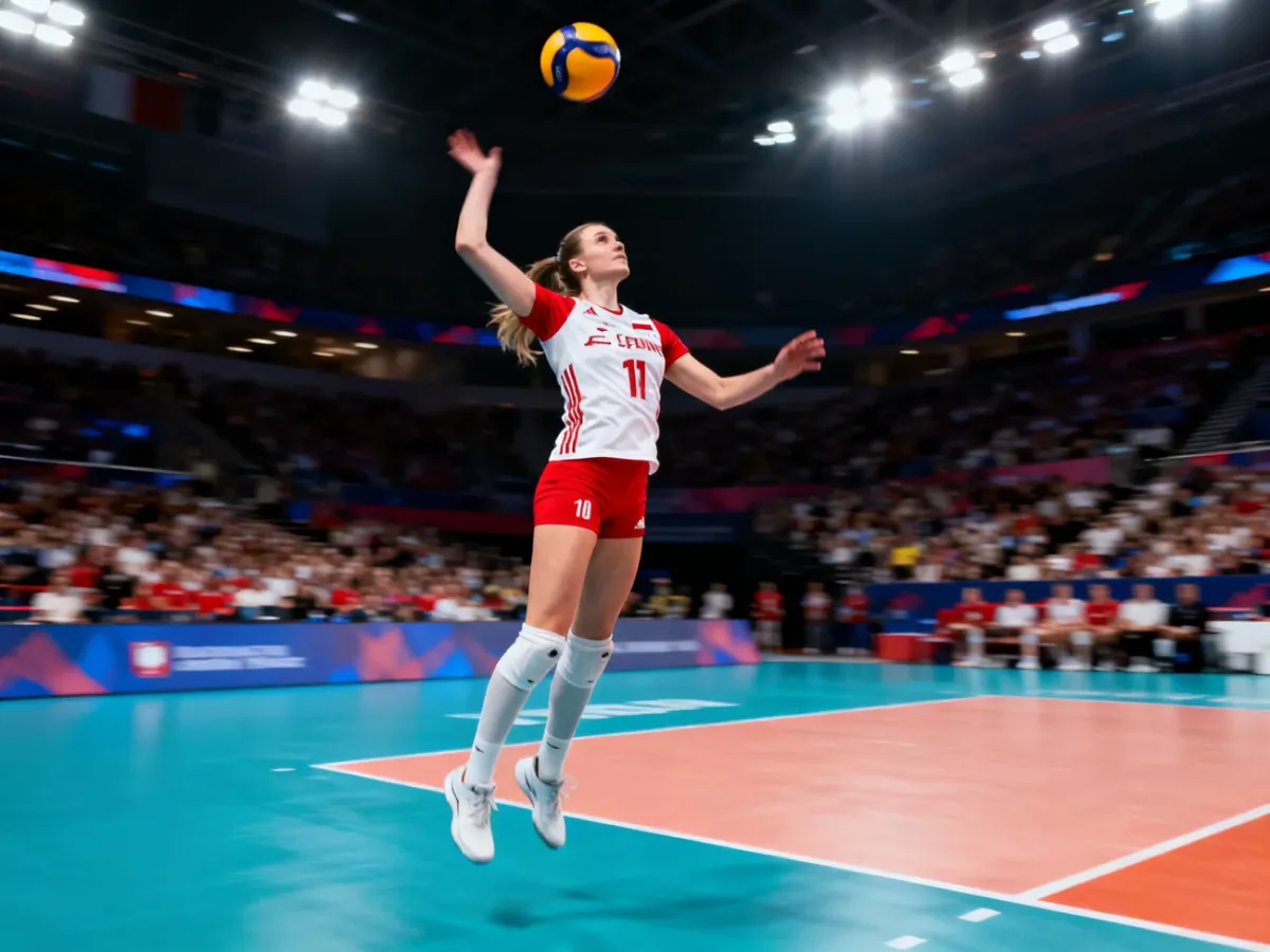 Olivia Różański podczas dynamicznej akcji na boisku siatkarskim